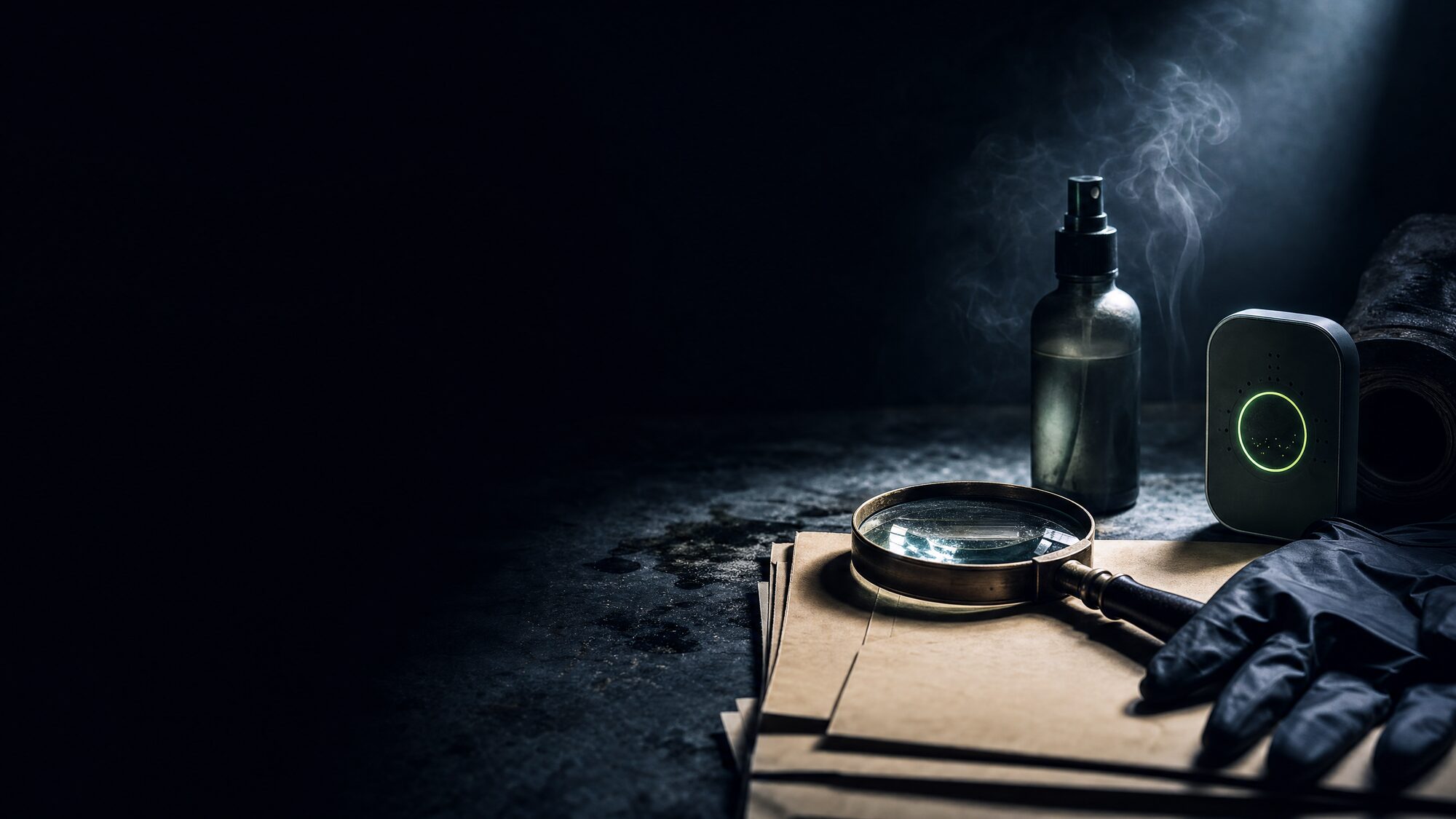 A magnifying glass, an unlabeled spray bottle releasing vapor, and an air-quality sensor on a dark surface, the WeirdOdors investigation desk